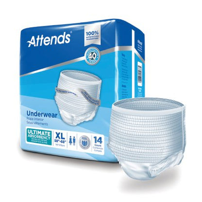 Packaging for Attends unisex adult absorbent underwear with a visible tear-away seam design, indicating heavy absorbency.