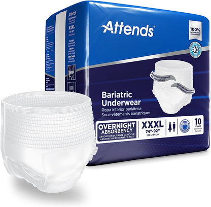 Blue package of Attends Bariatric pull up underwear with a picture of what the diaper looks like next to it.