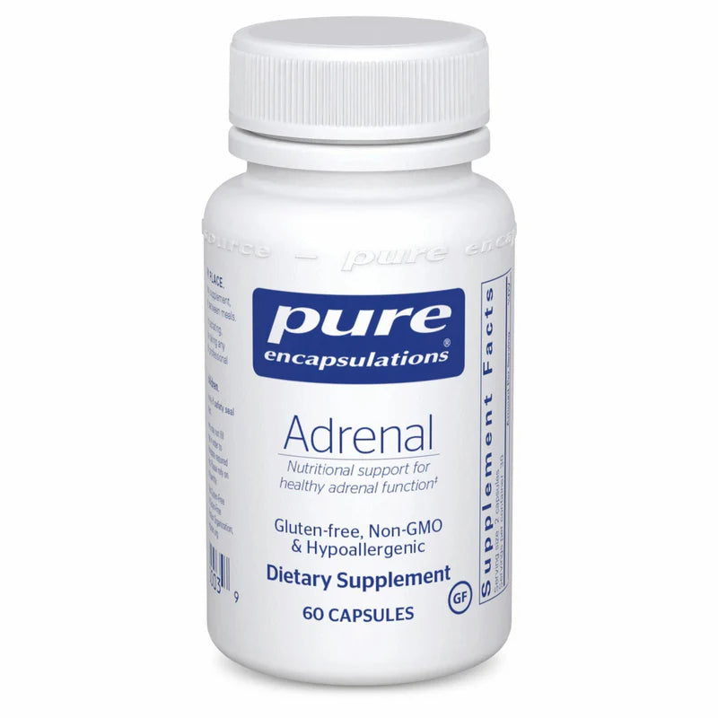 A bottle of Pure Encapsulations Adrenal dietary supplement with 60 capsules. The label is white with blue and red text, and the product is indicated for supporting healthy adrenal function.