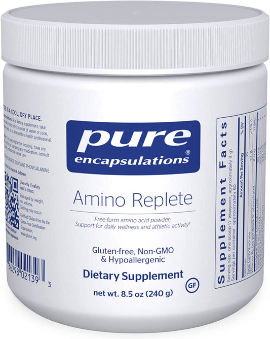 A container of Pure Encapsulations Amino Replete dietary supplement powder. The container is white with a blue and red label, and additional text indicates it is gluten-free, non-GMO, and hypoallergenic.