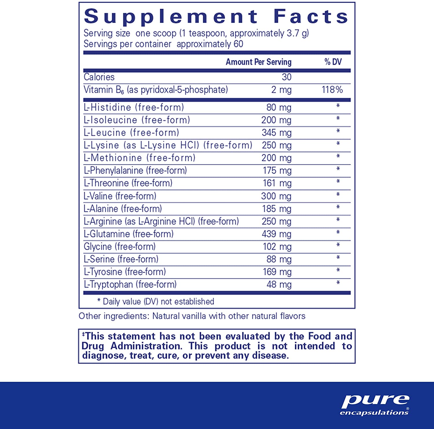 Supplement facts for a container of Pure Encapsulations Amino Replete dietary supplement powder.