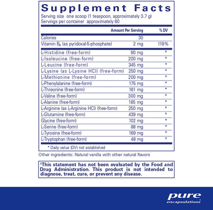 Supplement facts for a container of Pure Encapsulations Amino Replete dietary supplement powder.
