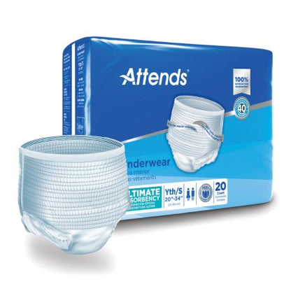 Packaging for Attends unisex adult absorbent underwear with a visible tear-away seam design, indicating heavy absorbency.
