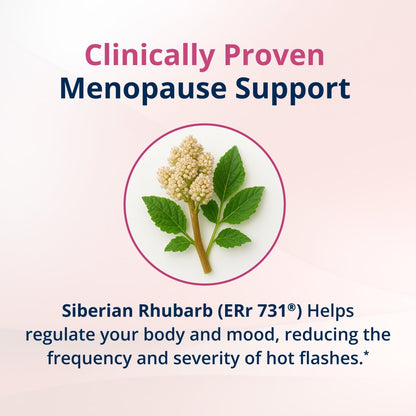 Advertisement for menopause support with Siberian Rhubarb on a light pink background