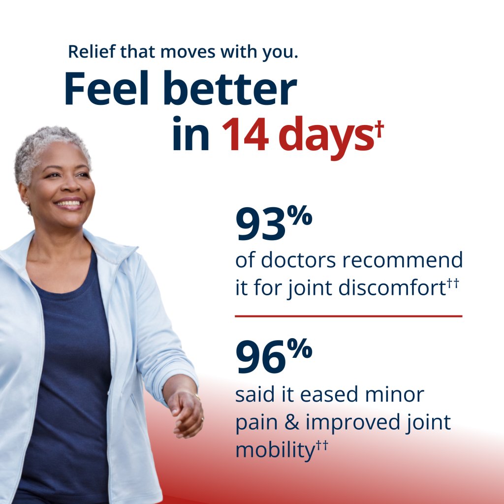 Advertisement featuring a woman with text about joint discomfort relief, showing a 93% doctor recommendation rate and 96% pain relief rate.