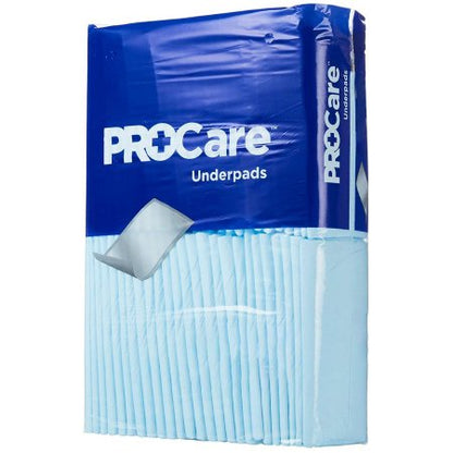 A package of ProCare brand disposable underpads, with a blue backsheet that is moisture-proof and a non-woven topsheet.