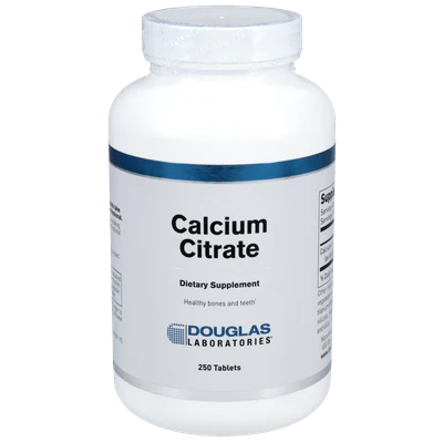 A bottle of Douglas Labs Calcium Citrate dietary supplement with 250 tablets.