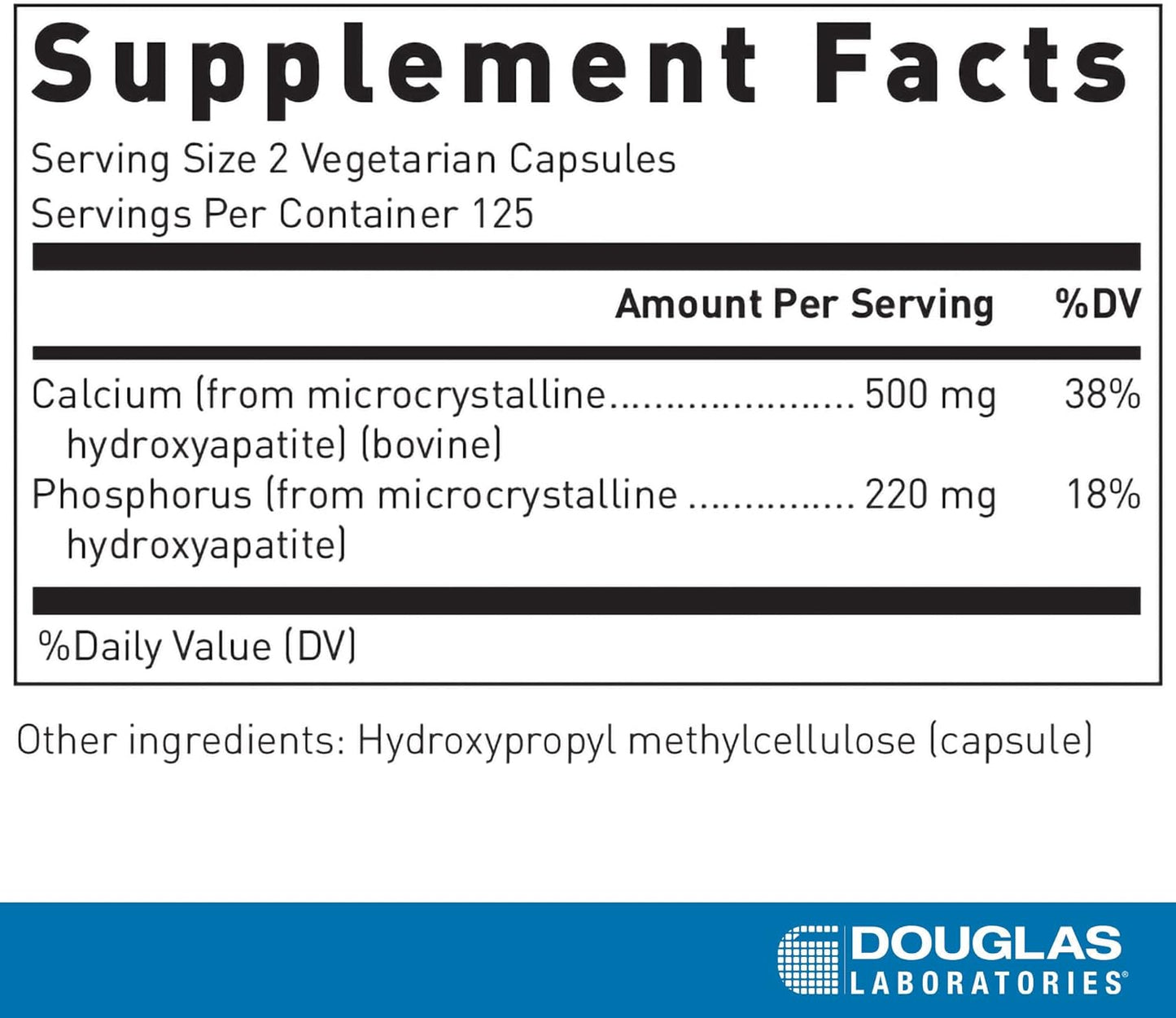 Supplement facts for a bottle of Douglas Labs Calcium Microcrystalline Hydroxyapatite dietary supplement