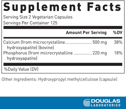 Supplement facts for a bottle of Douglas Labs Calcium Microcrystalline Hydroxyapatite dietary supplement