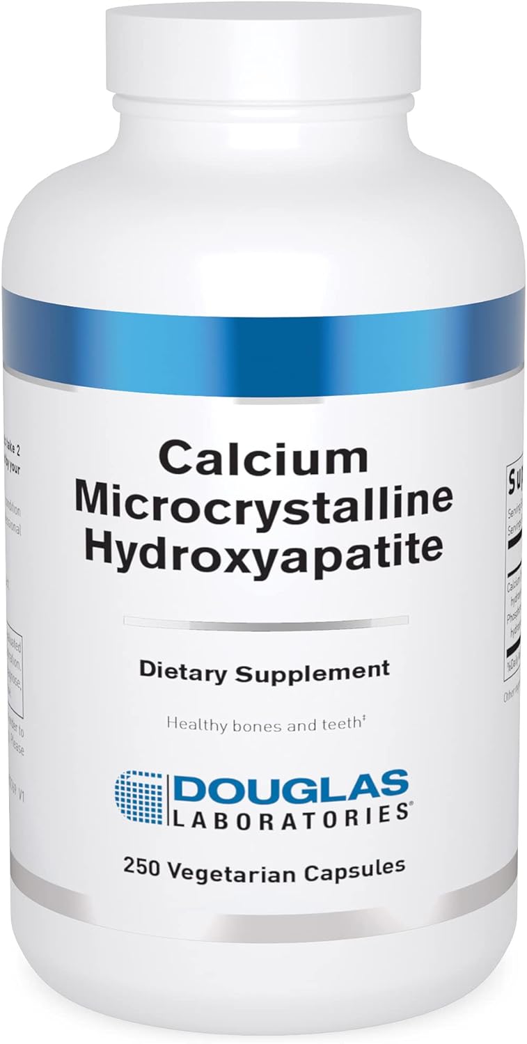 A bottle of Douglas Labs Calcium Microcrystalline Hydroxyapatite dietary supplement with 250 vegetarian capsules.