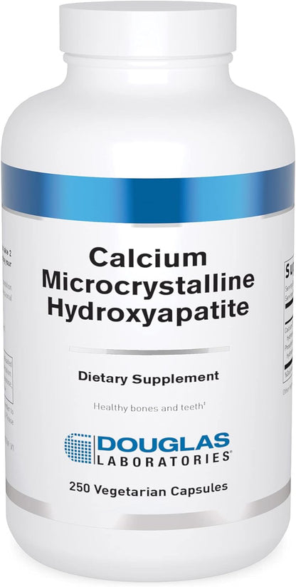 A bottle of Douglas Labs Calcium Microcrystalline Hydroxyapatite dietary supplement with 250 vegetarian capsules.