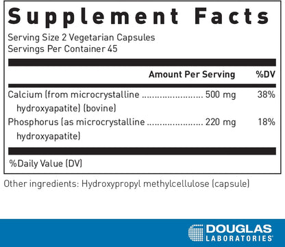 Supplement facts for a bottle of Douglas Labs Calcium Microcrystalline Hydroxyapatite dietary supplement