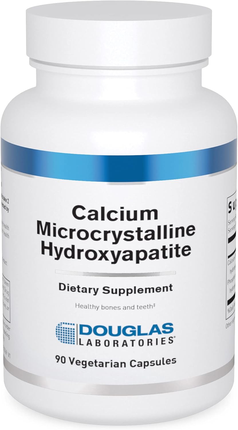 A bottle of Douglas Labs Calcium Microcrystalline Hydroxyapatite dietary supplement with 90 vegetarian capsules.