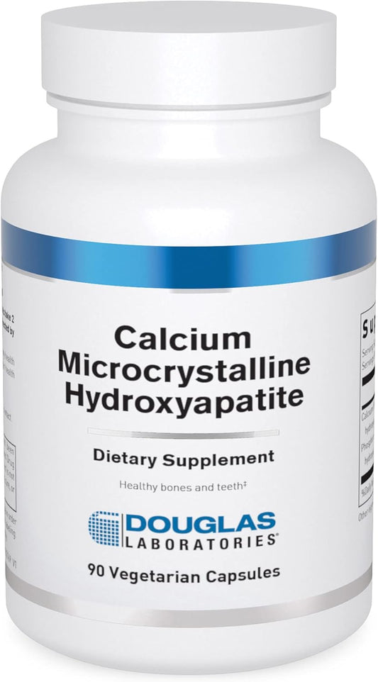A bottle of Douglas Labs Calcium Microcrystalline Hydroxyapatite dietary supplement with 90 vegetarian capsules.