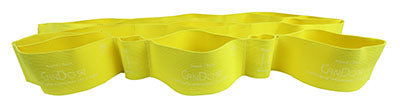 A yellow multi-grip exerciser with multiple loops laid out on a flat surface.