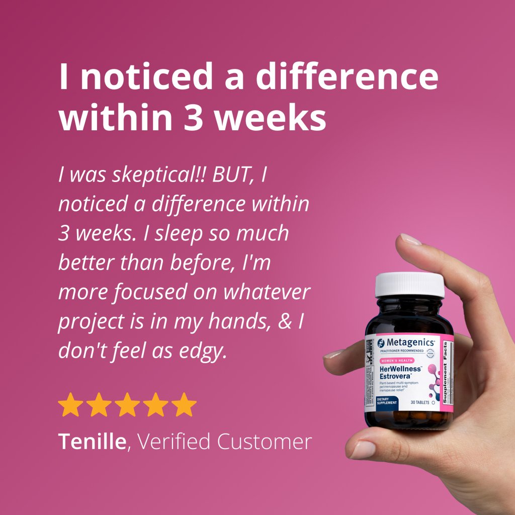 Hand holding a Metagenics supplement bottle with customer testimonial on a pink background