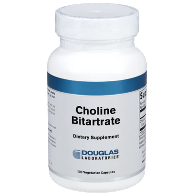 A bottle of Douglas Labs Choline Bitartrate dietary supplement with 100 vegetarian capsules.