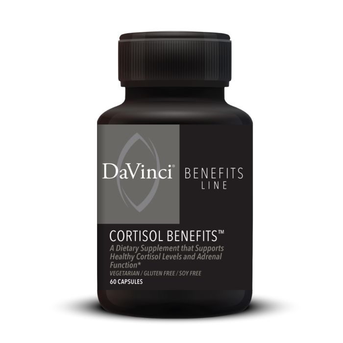 A bottle of DaVinci Labs Cortisol Benefits supplement with 60 capsules, labeled as supporting healthy cortisol levels and adrenal function.