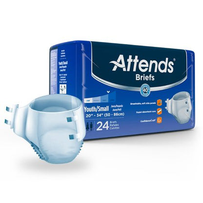 Packaging for Attends Briefs, indicating youth/small size and heavy absorbency features.