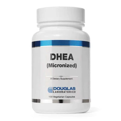 A bottle of Douglas Labs DHEA (50 mg.), micronized dehydroepiandrosterone capsules.