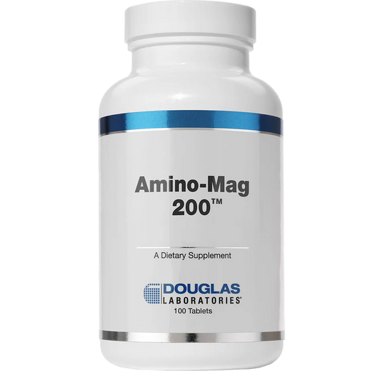 A bottle of Douglas Labs Amino-Mag 200 dietary supplement with 100 tablets.