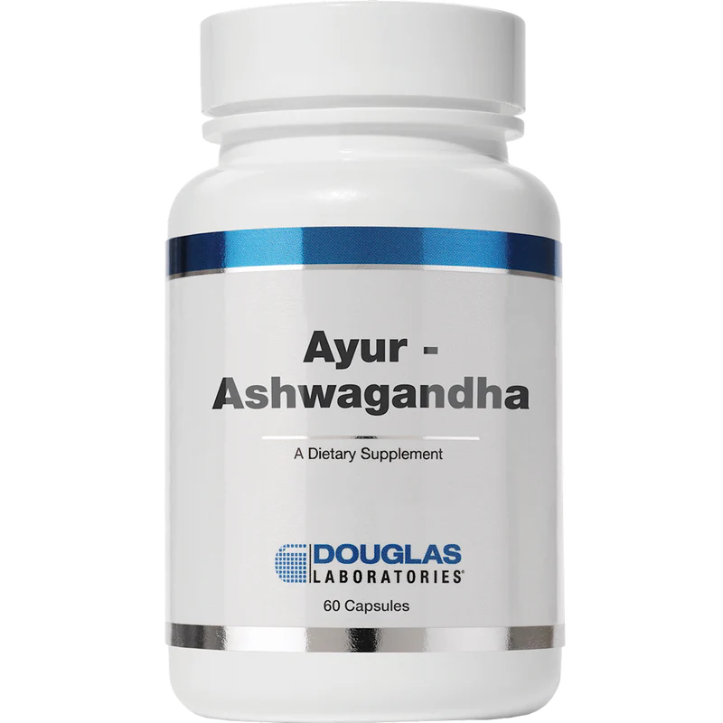 A bottle of Douglas Labs Ayur-Ashwagandha dietary supplement with 60 capsules.