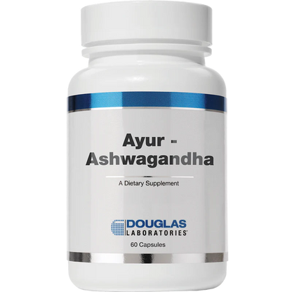 A bottle of Douglas Labs Ayur-Ashwagandha dietary supplement with 60 capsules.