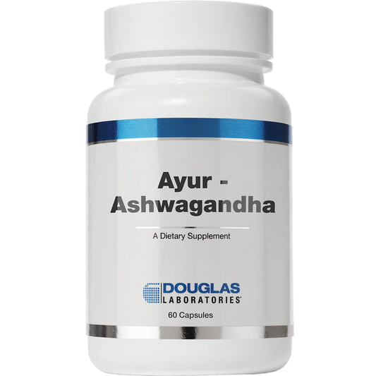 A bottle of Douglas Labs Ayur-Ashwagandha dietary supplement with 60 capsules.