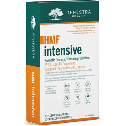 A box of Genestra Labs HMF Intensive probiotic supplement with 25 billion CFU per day, containing 30 vegetarian capsules.