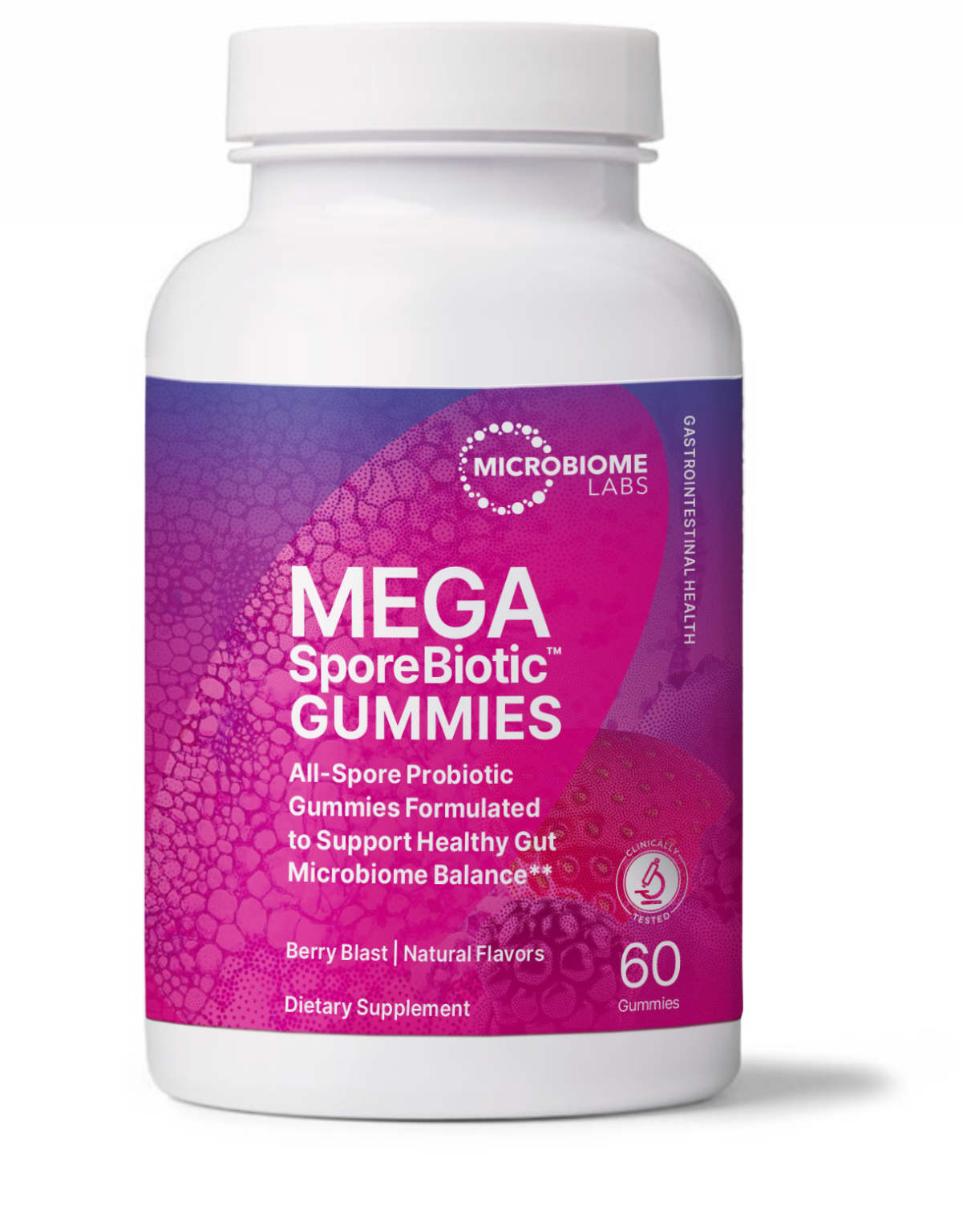 A bottle of Microbiome Labs MegaSporeBiotic Gummies for Adults with 60 chewable tablets designed to support gut health.