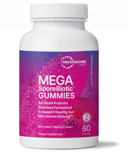 A bottle of Microbiome Labs MegaSporeBiotic Gummies for Adults with 60 chewable tablets designed to support gut health.