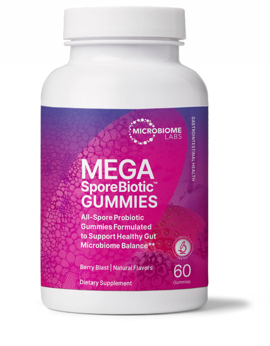A bottle of Microbiome Labs MegaSporeBiotic Gummies for Adults with 60 chewable tablets designed to support gut health.