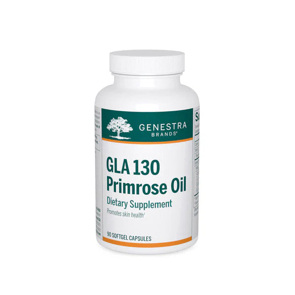 A bottle of Genestra Brands GLA 130 Primrose Oil dietary supplement with 90 softgel capsules.