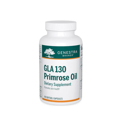 A bottle of Genestra Brands GLA 130 Primrose Oil dietary supplement with 90 softgel capsules.