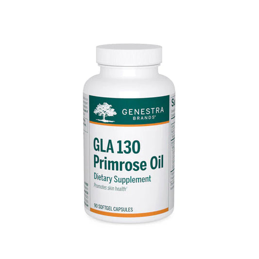 A bottle of Genestra Brands GLA 130 Primrose Oil dietary supplement with 90 softgel capsules.