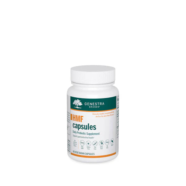 A bottle of Genestra Brands HMF Capsules, a dietary supplement for gastrointestinal health.