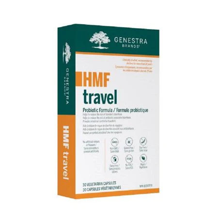 A box of Genestra Labs HMF Travel probiotic supplement with 30 vegetable capsules.