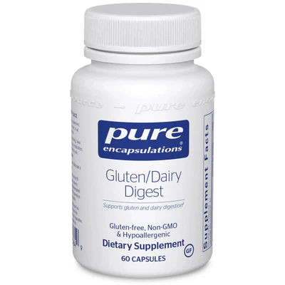 A bottle of Pure Encapsulations Gluten/Dairy Digest dietary supplement with 60 capsules.