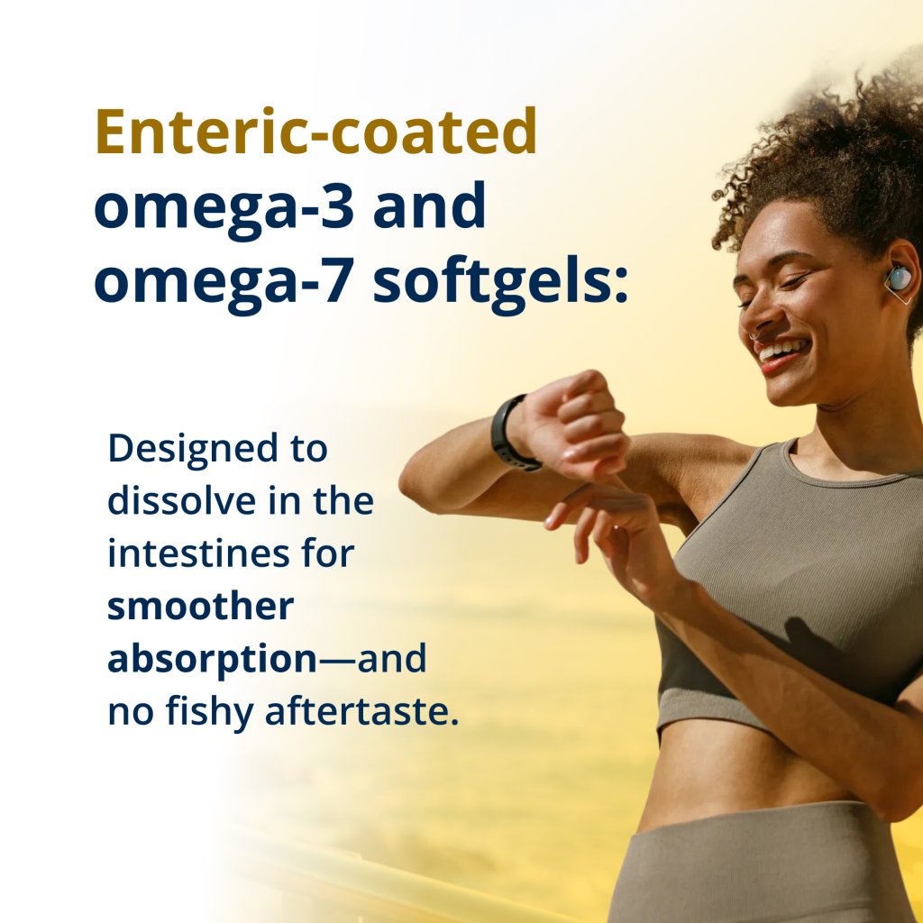 A person looking at there watch with information to the side that indicates that Metagenics OmegaGenics® Fish Oil Mega 10 is designed to dissolve in the small intestines with no fishy aftertaste