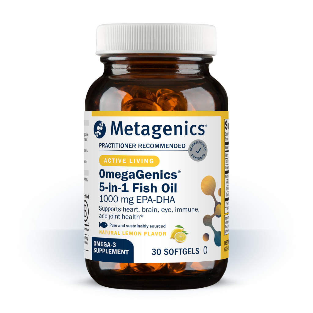 A bottle of Metagenics OmegaGenics 5 in 1 Fish Oil with a natiral lemon,  flavor.  30 softgels