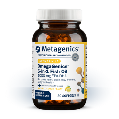 A bottle of Metagenics OmegaGenics 5 in 1 Fish Oil with a natiral lemon,  flavor.  30 softgels