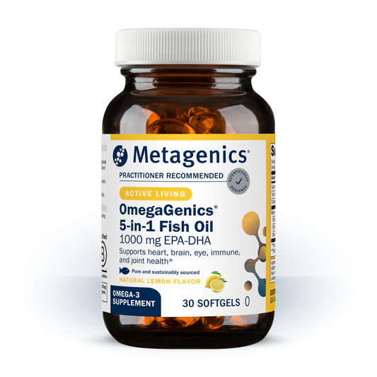 A bottle of Metagenics OmegaGenics 5 in 1 Fish Oil with a natiral lemon,  flavor.  30 softgels