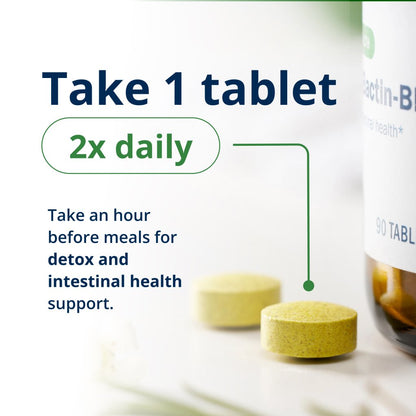 Bottle of tablets with text on how to take them and their health benefits.