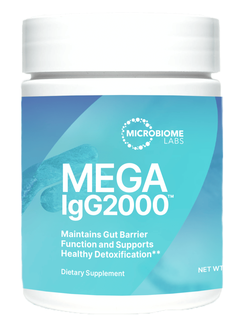 A container of Microbiome Labs Mega IgG2000 Powder, which is a dietary supplement designed to support gut health and detoxification.