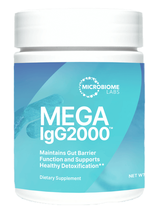 A container of Microbiome Labs Mega IgG2000 Powder, which is a dietary supplement designed to support gut health and detoxification.