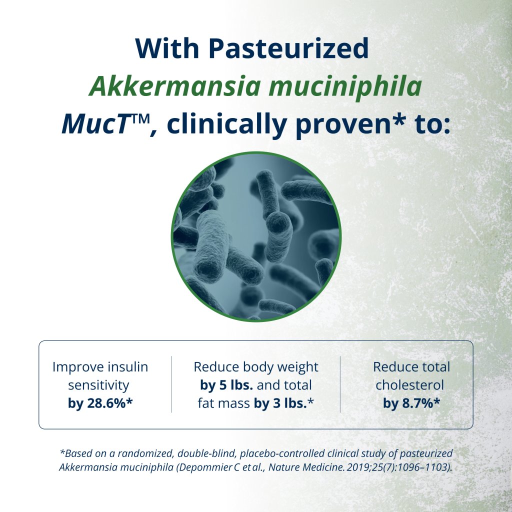 Advertisement for Akkermansia muciniphila MucT with text and菌群image on a light background