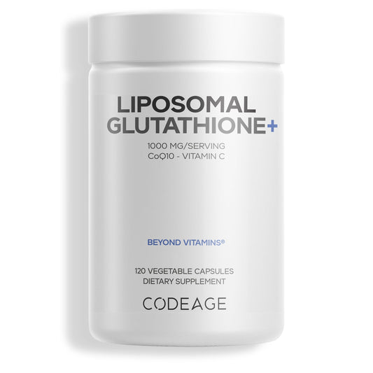 Supplement container labeled 'Liposomal Glutathione+' by Codeage on a white background