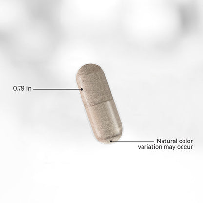 Beige pill-shaped object with measurement label and color variation note on a light gray background