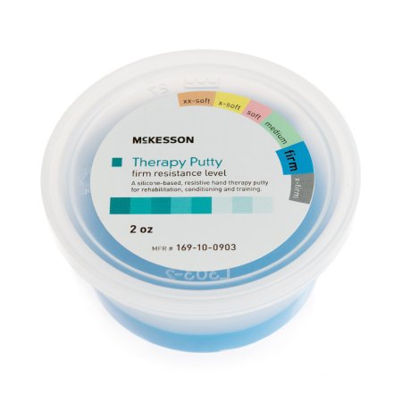 A container of McKesson Therapy Putty in blue, with a label indicating resistance levels and safety information.