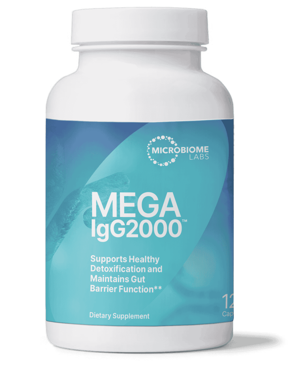 A bottle of Microbiome Labs Mega IgG2000 Capsules, with a label indicating that it supports healthy detoxification and gut barrier function.